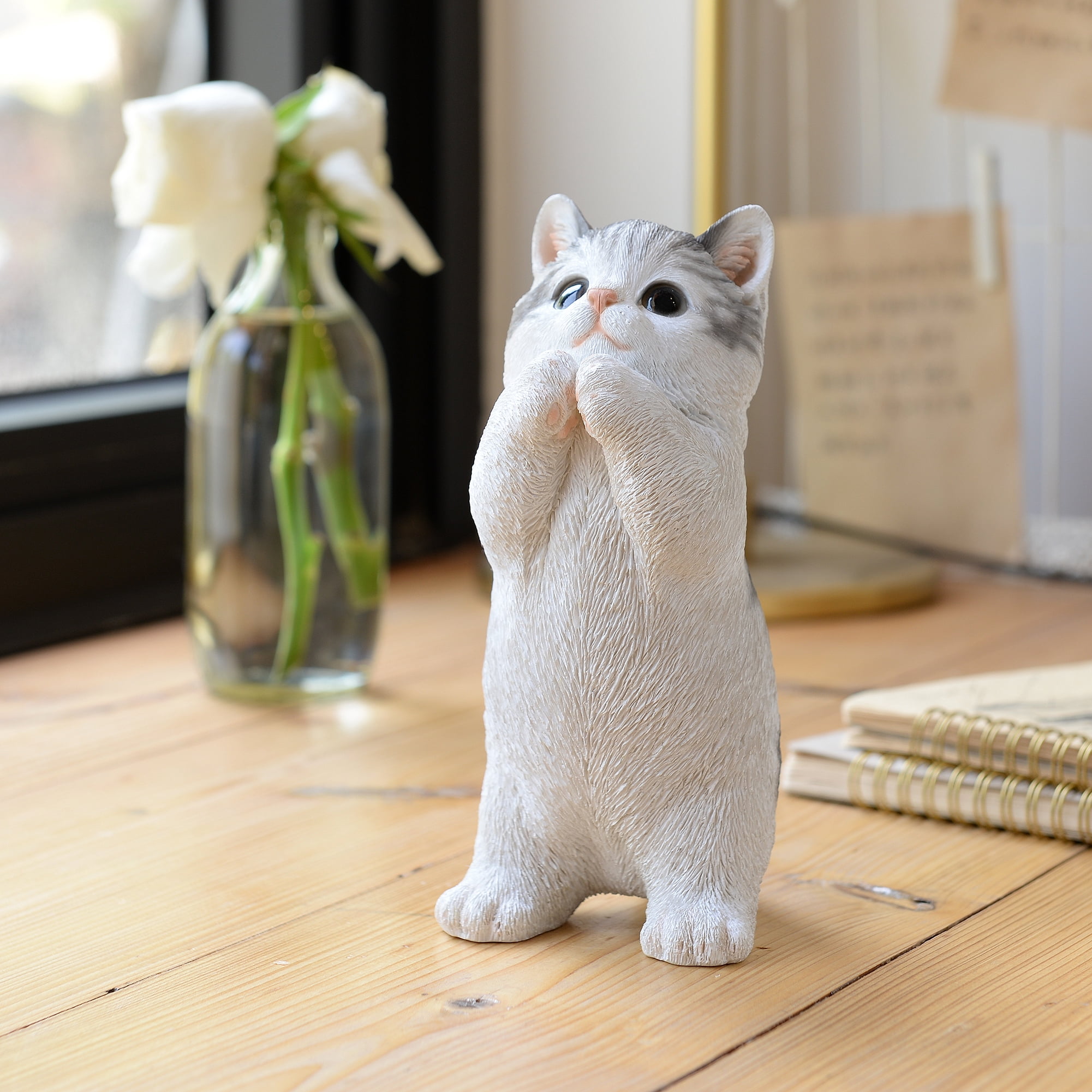 7" H Cat Kitten Statue Praying-Gray