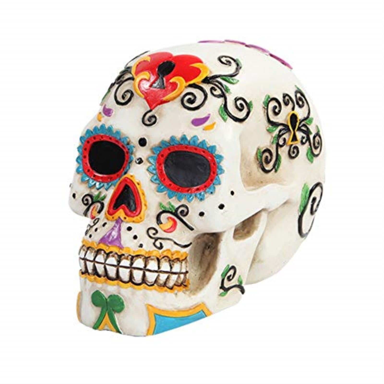 5.5 Inch Multicolor Patterned Resin Day of The Dead Skull Figurine