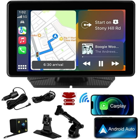 7" HD Carplay Screen for Car, Portable Wireless Apple Android Auto Car Play Stereo Car Audio Receivers with Voice Control, Backup Camera, Mirror Link, Bluetooth, GPS Navigation