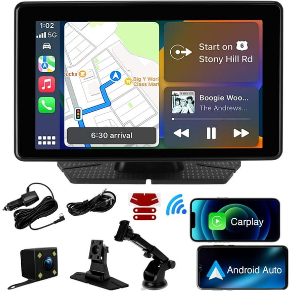 7" HD Carplay Screen for Car, Portable Wireless Apple Android Auto Car Play Stereo Car Audio Receivers with Voice Control, Backup Camera, Mirror Link, Bluetooth, GPS Navigation