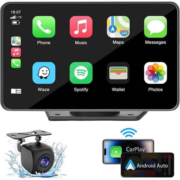 7" HD Portable Carplay Wireless Touch Screen Double Din Car Stereo Compatible with GPS Navigation, Voice Control, Mirror Link, Bluetooth