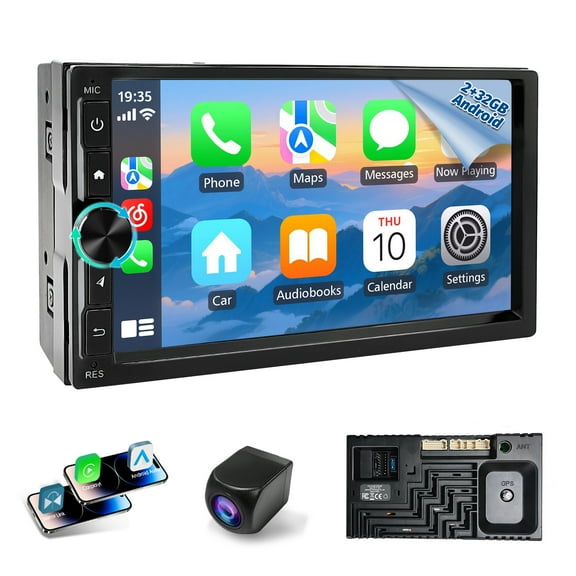 Haudio Single Knob Wireless Car Stereo Compatible with Apple CarPlay and Android Auto,7" HD Portable Bluetooth CarPlay Touch Screen,with Backup Camera for All Cars