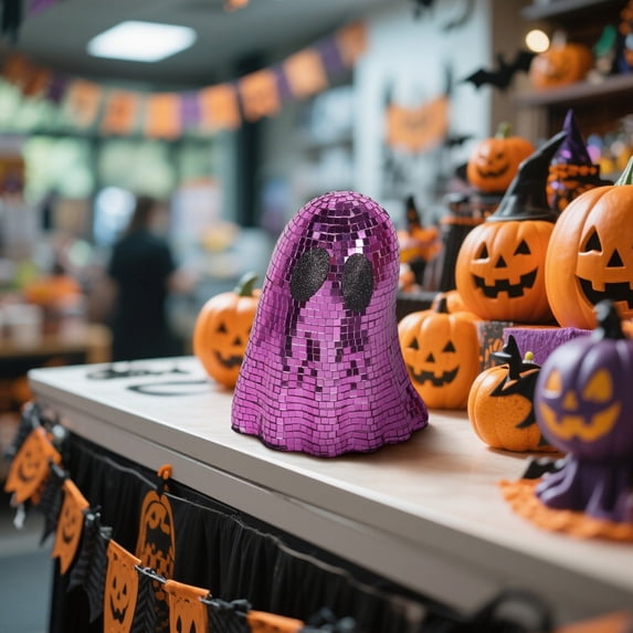 7" Halloween Ghost Table Decorations – Handmade Purple Mirrored Disco Ghost Decor, Reflective Spooky Party Centerpiece for Halloween Table, Home, Bar, and Dance Floor Decor
