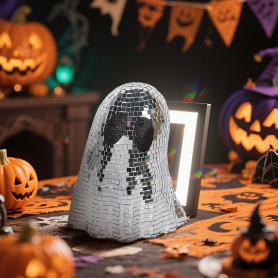 7" Halloween Ghost Table Decorations – Handmade Silvery Mirrored Disco Ghost Decor, Reflective Spooky Party Centerpiece for Halloween Table, Home, Bar, and Dance Floor Decor