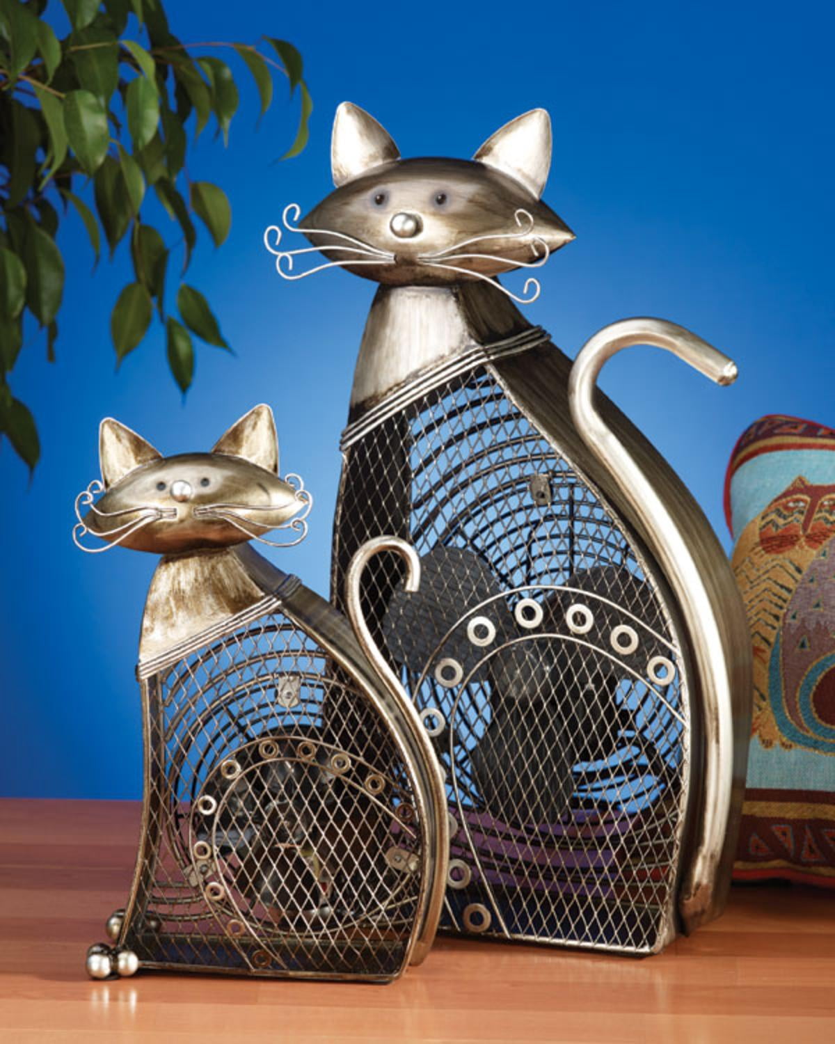 7" Hand Sculpted Feline Cat Mini Table Top Figure Fan
