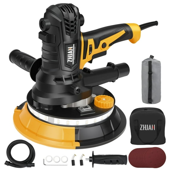 ZHJAN 7" Handheld Electric Drywall Sander 900W with Vacuum & LED - Dual-Grit, 12 Discs, Portable Wall Polisher
