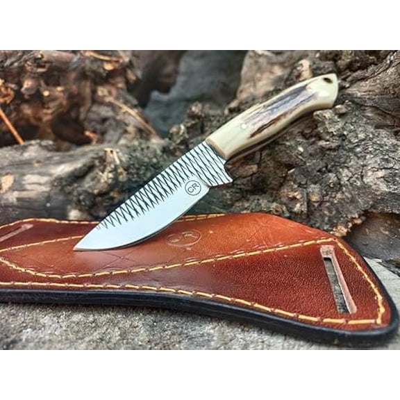 7" Handmade Fixed Blade Pointed Cowboy Skinner/Hunting Knife with Leather Sheath, Farrier Rasp Steel Razor Sharp Blade and Stag Handle for Hunting, Bushcrafting, Camping and Hiking
