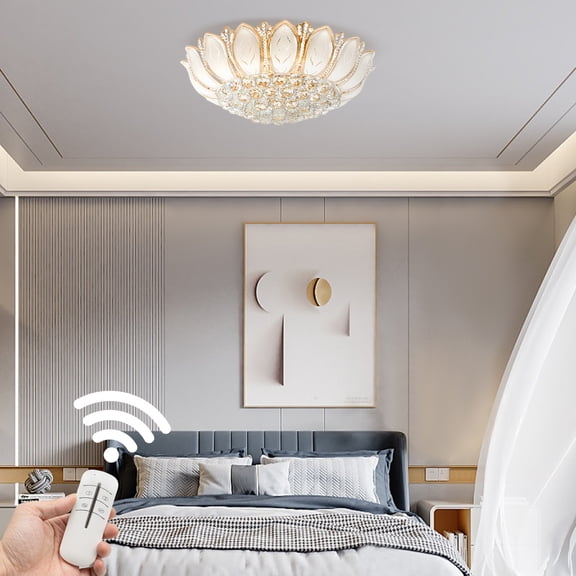 7-Head 110V Gold Ceiling Light Flush Mount Lotus Fixture Chandelier W/ Remote Living Room Bedroom Dining Room