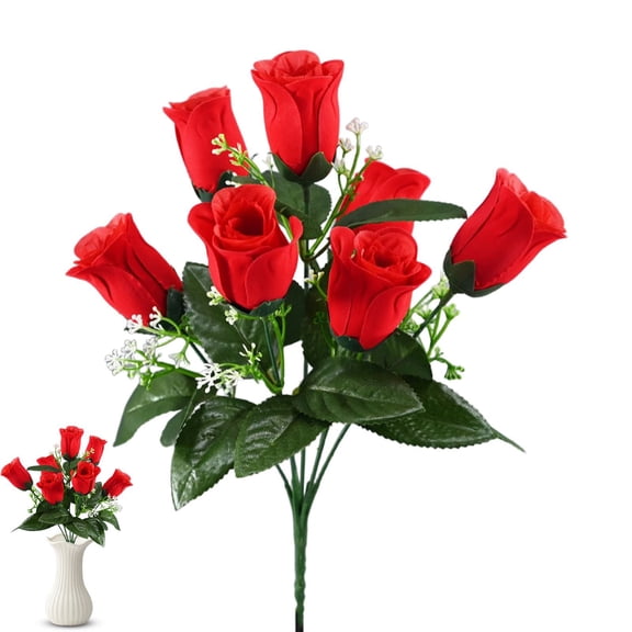 7-Head Artificial Rose Flowers Bouquet Realistic Silk Rose Fake Flowers for Wedding Home Centerpieces Party Cemetery Grave Decoration (1 Bouquet, Red)