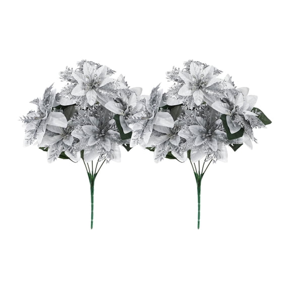 7-Head Glitter Christmas Poinsettia Artificial Flower Set for Home Decor, Vase Arrangement, Indoor Decoration - Silk Velvet Plastic Iron Flower Heads, No Maintenance, 2-Pack