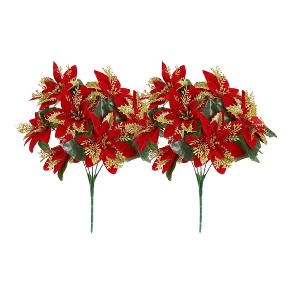 7-Head Glitter Christmas Poinsettia Artificial Flower Set for Home Decor, Vase Arrangement, Indoor Decoration - Silk Velvet Plastic Iron Flower Heads, No Maintenance, 2-Pack