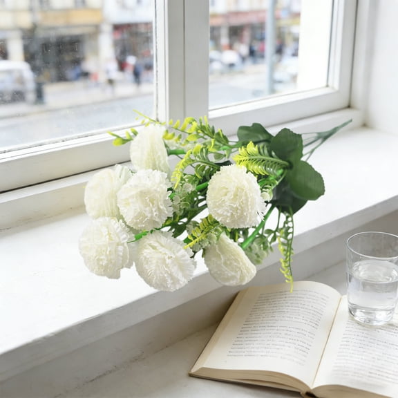 7-Heads Artificial Carnation Flowers Fake Silk Bouquet for Mother’s Day Teacher’s Gift Wedding Centerpiece Home Table Office Floral Decoration,White