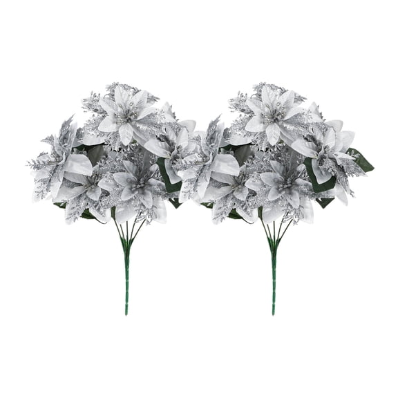 7 Heads Artificial Christmas Flowers Stems Glitter Red Poinsettia Flower Bouquet for Family Gathering Wedding Home Decor