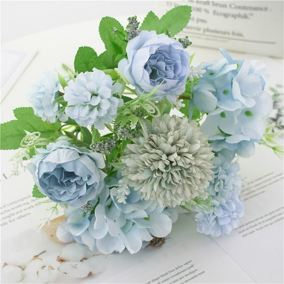 7 Heads Artificial Flowers - Blue Fake Peony Silk Hydrangea Bouquet Decor Plastic Carnations Daisy Realistic Flower Home Office Party Decor Arrangements Wedding Decoration Table Centerpieces
