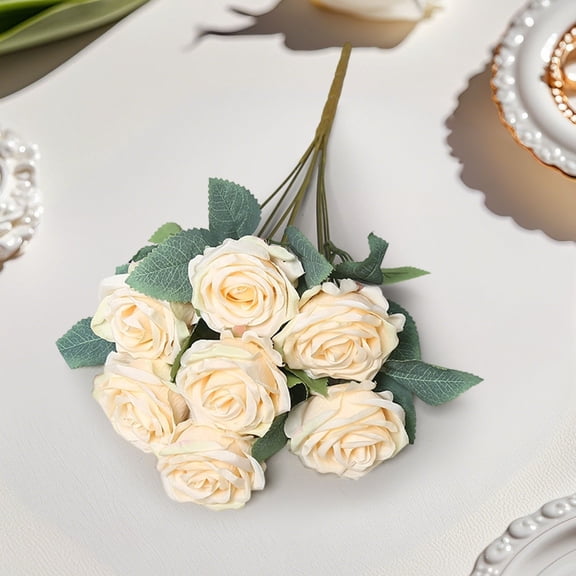7 Heads Artificial Silk Rose Bouquet - Realistic Fake Flowers with Stems & Leaves for Wedding Centerpieces Home Decor Party DIY Arrangements,Beige