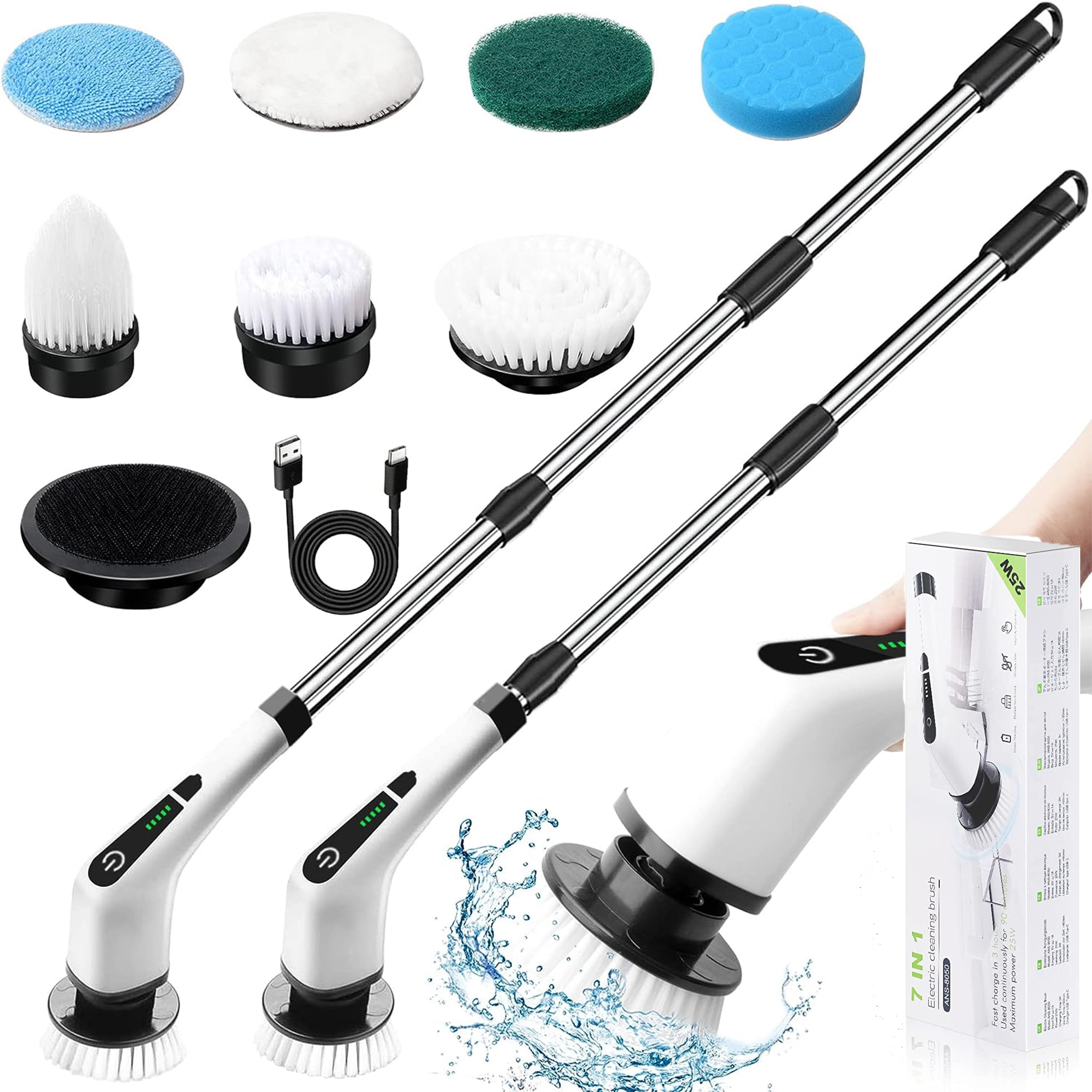 Cordless Electric Spin Scrubber with Adjustable Handle and 7 Heads
