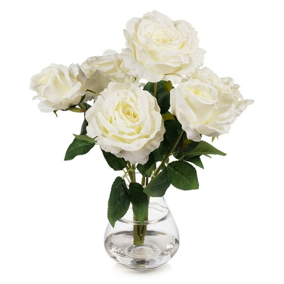 7 Heads Silk Rose Artificial Flowers in Vase,Faux Rose Flowers Arrangement in Vase with Faux Water for Table Decor Centerpieces