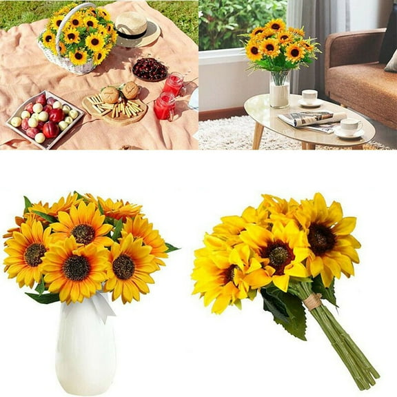 7 Heads Sunflower Artificial Flowers Bouquets Realistic Outdoor Gardens Autumn Decoration Home Floral Arrangement Wedding Decor