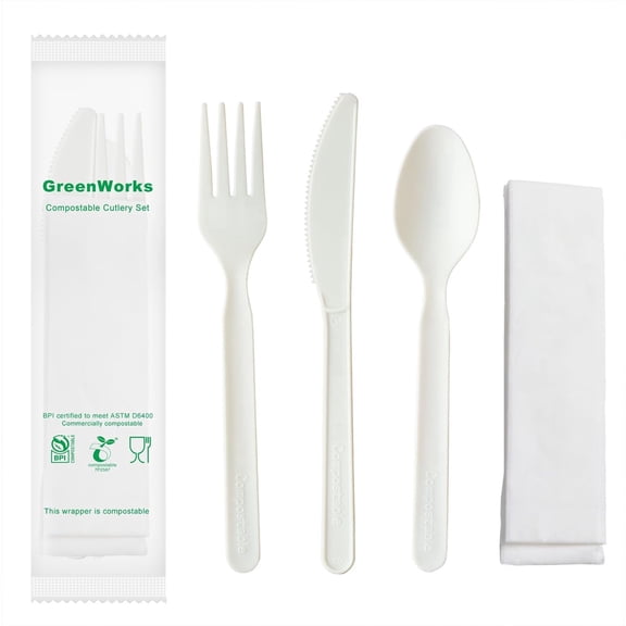 7" Heavy-duty Compostable Cutlery Kits, BPI Certified, 200 Sets (Fork, Spoon,Knife,Napkin 4 in 1) Individually Wrapped With Compostable BagsAlternative to Plastic Disposable Utensils