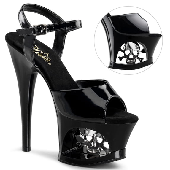 7" Heel, 2 3/4" Cut-Out PF Ankle Strap Sandal - Blk/Blk-Pewter, 8