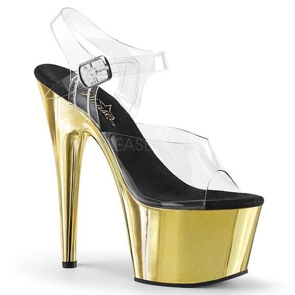 7" Heel, 2 3/4" PF Ankle Strap Sandal w/ Chrome Plated Botto - Clr/Gold Chrome, 12