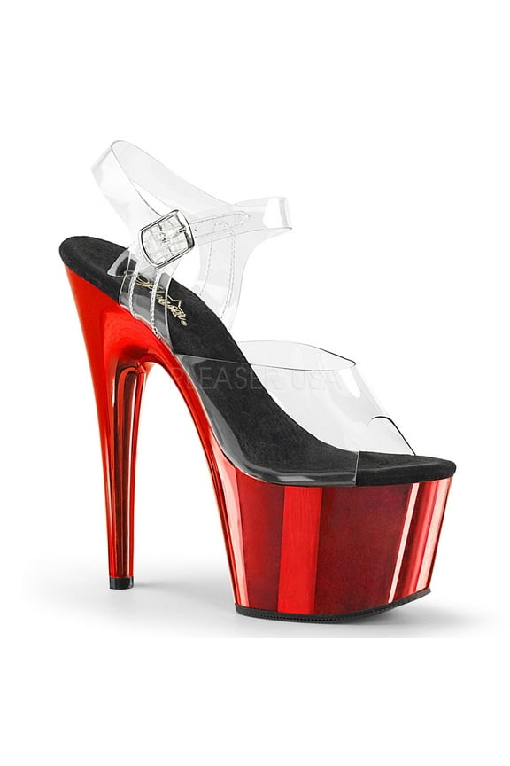 7" Heel, 2 3/4" PF Ankle Strap Sandal w/ Chrome Plated Botto - Clr/Red Chrome, 11