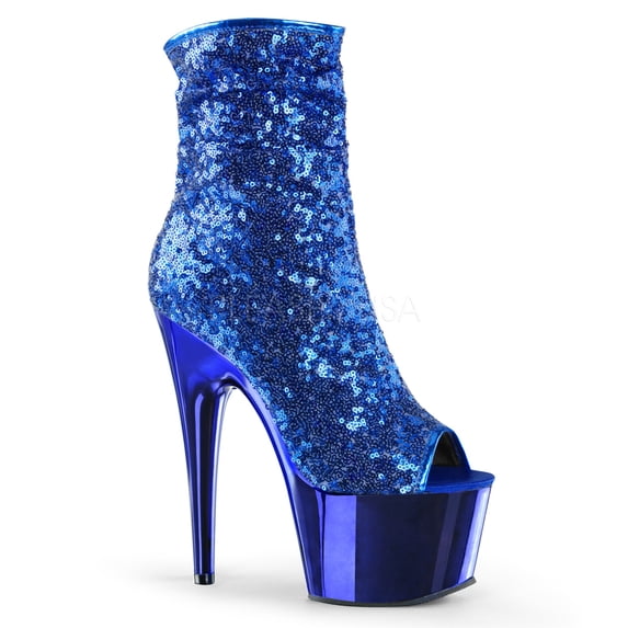 *7" Heel, 2 3/4" PF Peep Toe Sequins Ankle Boot, Side Zip - Blue Sequins/Blue Chrome, 10