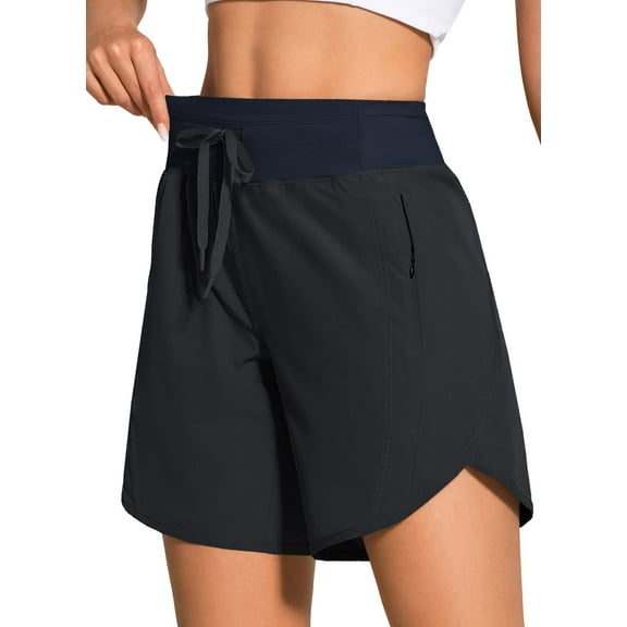7" High Waisted Athletic Shorts for Women Quick Drying Running Gym Workout Shorts with 3 Secure Zip Pockets Black L
