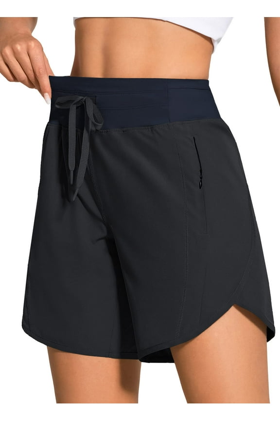 7" High Waisted Athletic Shorts for Women Quick Drying Running Gym Workout Shorts with 3 Secure Zip Pockets Black L