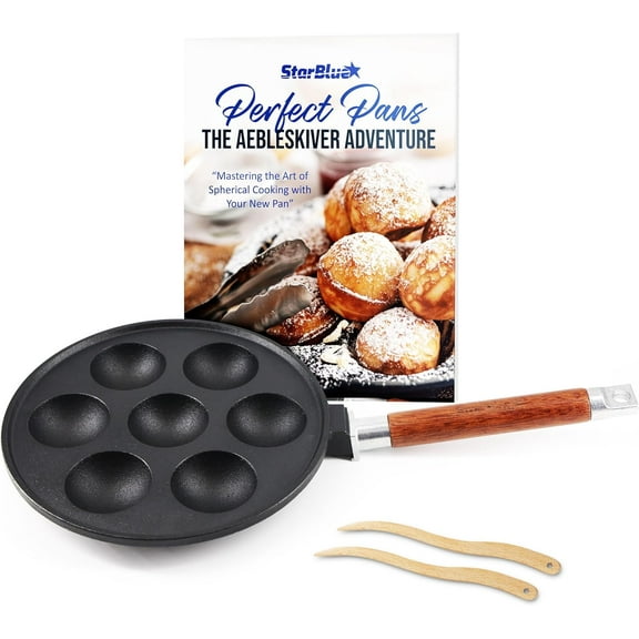 7-Hole Cast Iron Aebleskiver Pan Detachable Wooden Handle, Pre-Seasoned, Aebleskiver Sticks and Recipe Book Included