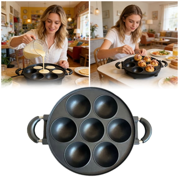 7-Hole Non-Stick Egg Frying Pan, Round Aluminum Alloy Pancake Pan With Double Handles, 7-Cavity Non-Stick Skillet For Eggs, Pancakes & Breakfast Black-39X5.5CM