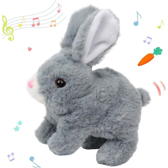 7" Hopping Rabbit Interactive Electronic Pet Plush Easter Bunny Toys with Sounds and Movements(Bunny-Gray)