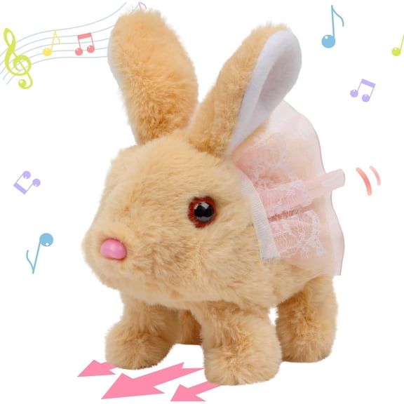 7" Hopping Rabbit Interactive Electronic Pet Plush Easter Bunny Toys with Sounds and Movements(Dress Bunny-Brown)
