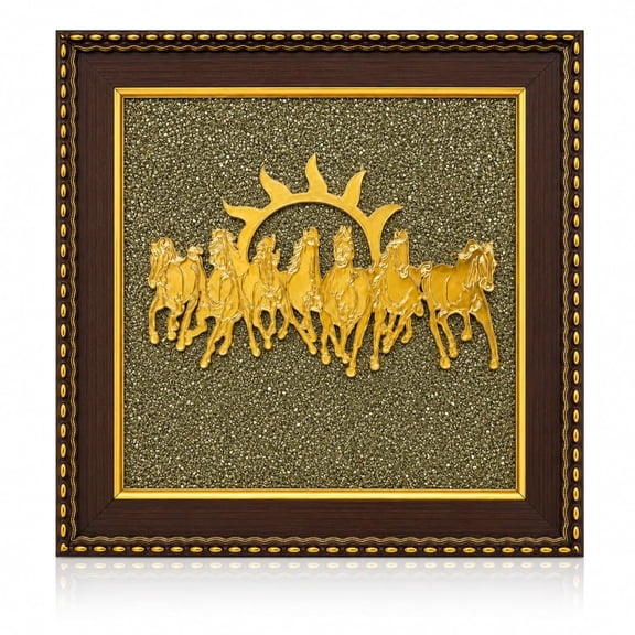 7 Horses Vastu Photo Frame, Seven Horse Pyrite Frame with Natural Raw Pyrite Stone, Seven Running Horses Wall Decor, Wealth Success Prosperity Painting for Home Office Housewarming Gift
