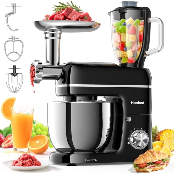 7-IN-1 6.5QT 660W Multifunctional Electric Kitchen Mixers with Blender Meat Grinder Dough Hook Whisk and Beater 8-Speed Food Mixer for Baking Cooking Food Processing Black