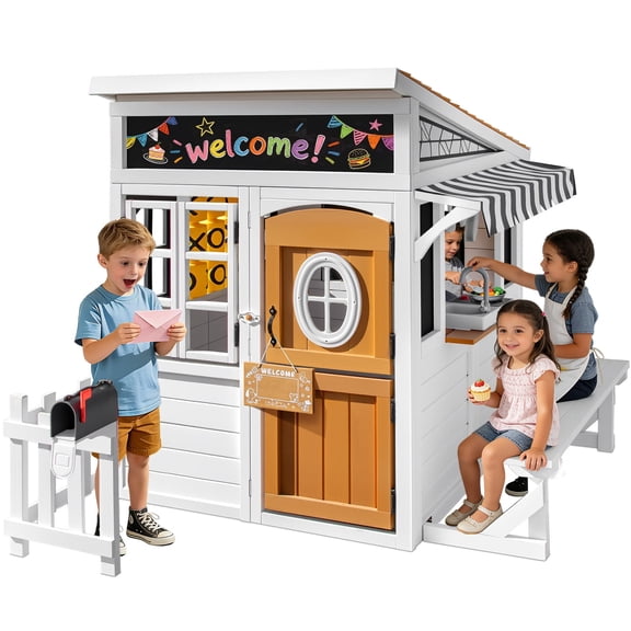 7 IN 1 Wooden Outdoor Playhouse with Play Kitchen,Tic-Tac-Toe,Chalkboard,Mailbox,Doorbell,Dutch Door,Pet Door Backyard Garden Fun Playground