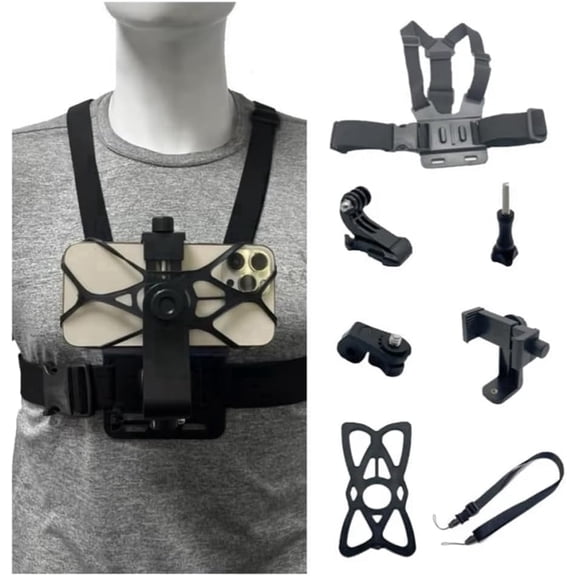 7-in-1 Chest Phone Holder Kit for iPhone, GoPro, Insta360 and Action Cameras, Black, 7 Pieces