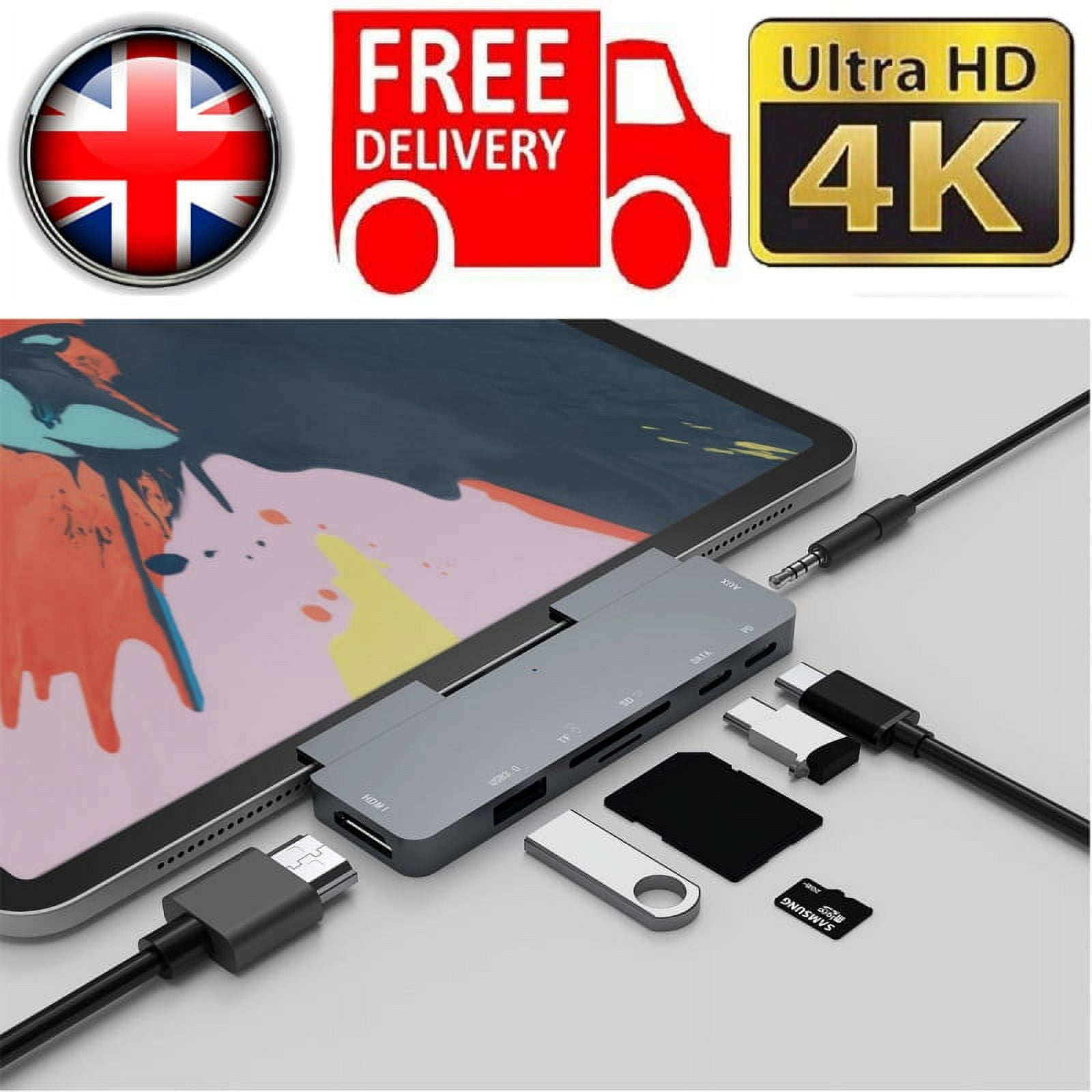 7 in 1 USB C Hub Stand Multiport Adapter with 4K@30Hz HDMI 60W PD SD/TF USB  3.0 Jack Adjustable Bracket Hub for iPad Pro Chrome