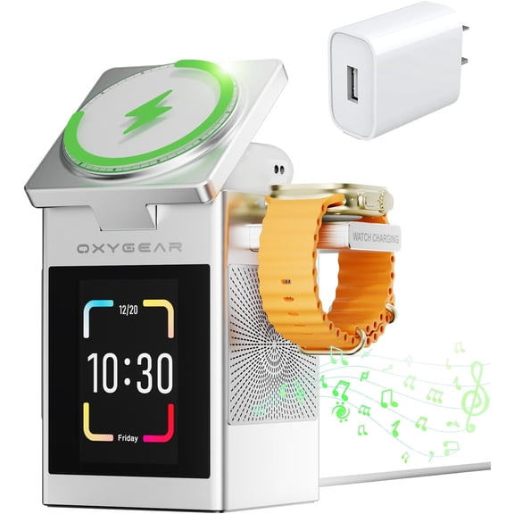 7-In-1 Wireless Charging Stat for Multiple Devices for iPhone iWatch AirPods, LCD Touch Screen Charging Stand with Bluetooth Speaker, Alarm Clock, Qi Magnetic 15W fast charging, 20W Adapter, Sliver