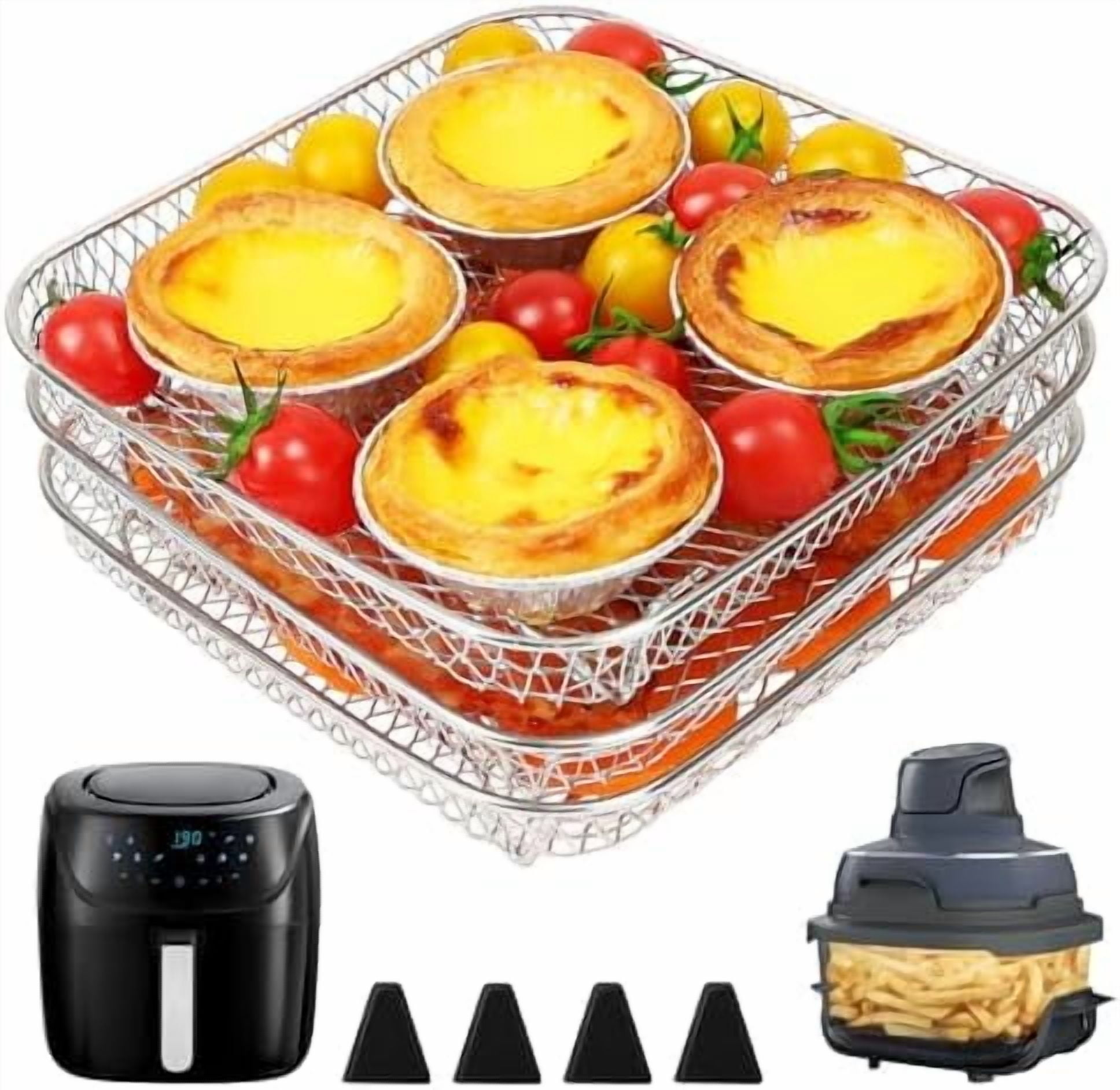 7 Inch Air Fryer Rack Fit for Ninja Crispi/Ninja Pro 5QT/ Cosori 5QT/ Chefman 5-6QT Airfryer &More, Air Fryer Accessories, 3pcs Stackable Stainless Steel Airfryer Basket with Silicon Feet