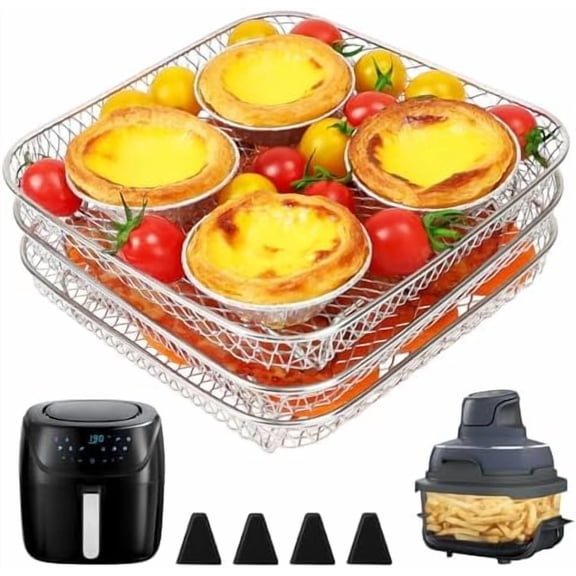 7 Inch Air Fryer Rack Fit for Ninja Crispi/Ninja Pro 5QT/ Cosori 5QT/ Chefman 5-6QT Airfryer &More, Air Fryer Accessories, 3pcs Stackable Stainless Steel Airfryer Basket with Silicon Feet