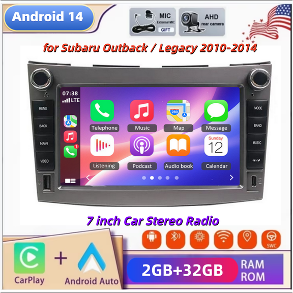 7 Inch Android 14 Car Stereo for Subaru Outback Legacy 2010-2014, Quad-Core 2GB+32GB Car Radio Built-in Wireless CarPlay & Android Auto, with AHD Backup Camera & Microphone