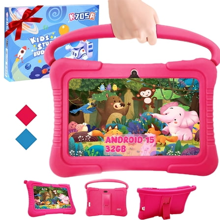 7 Inch Android 15 with Parental Control, 3+32GB Storage Learning Tablet for Toddlers and Kids, IPS HD Touch Screen, WiFi Bluetooth, Educational Children Tablet with Silicone Case (pink)