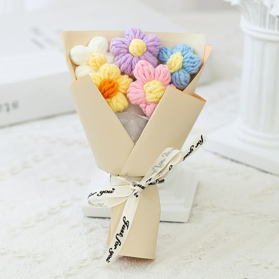 7 Inch Artificial Crochet Flower Bouquet Plush Toy Soft Yarn Daisy Arrangement with Ribbon for Wedding Engagement Photography Props, Cream