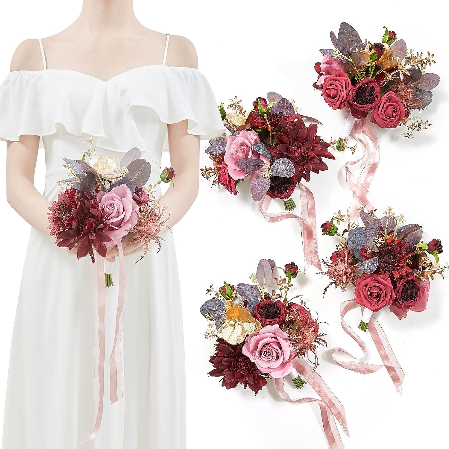 7 Inch Artificial Flowers Wedding Bouquets for Bridesmaid, Set of 4