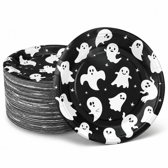 7 Inch Black Ghost Paper Plates, Disposable Dessert Plates for Party Supplies