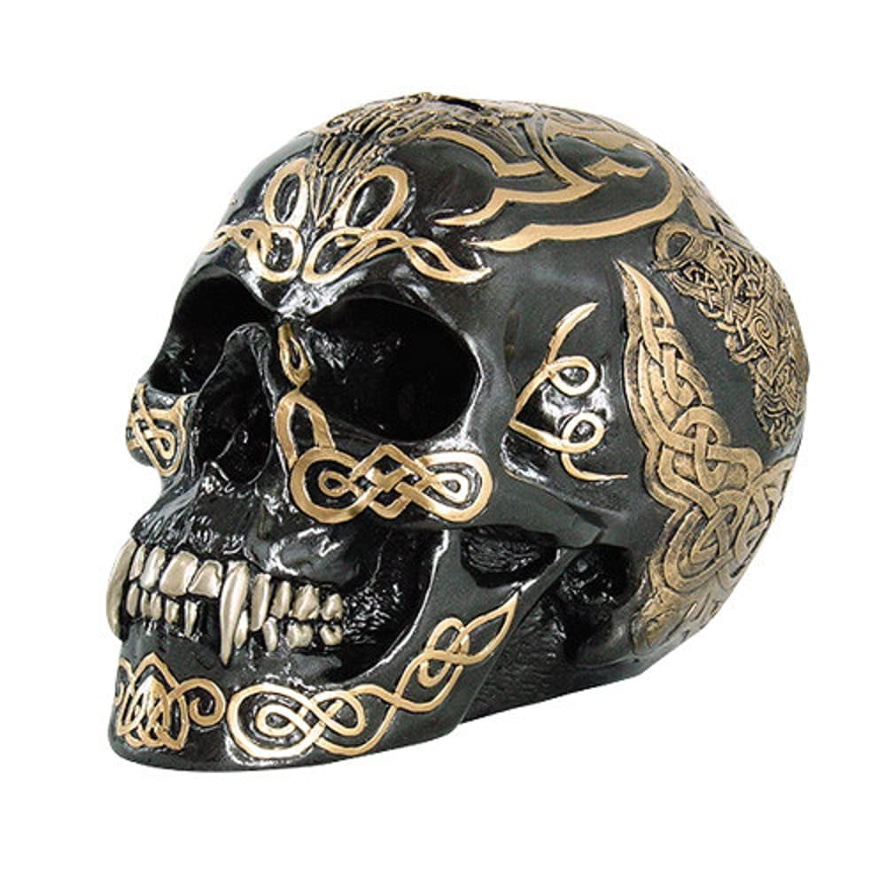 7.5" Black and Gold Celtic Resin Skull Figurine