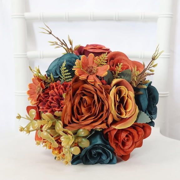 7 Inch Bridesmaid Bouquets Set of 4 - Dark Teal & Burnt Orange Silk Roses for Fall Wedding, Bridal Shower, Outdoor Ceremony, Proposal, and Home Decoration