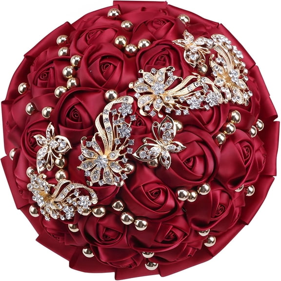 7 Inch Burgundy Satin Wedding Bouquet with Button Brooch for Bridesmaid Bridal Shower