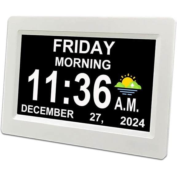 7 Inch Calendar Clock - 12 Alarm Options, Level 5 Auto Dimmable Display,Extra Large Impaired Vision Digital Clock with Non-Abbreviated Day & Month